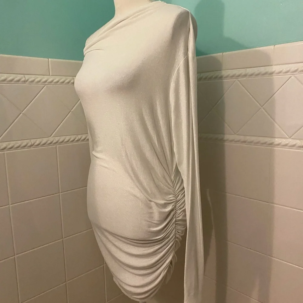 Ivory Shimmer Asymmetrical Ruched Tunic - Picture 3 of 10